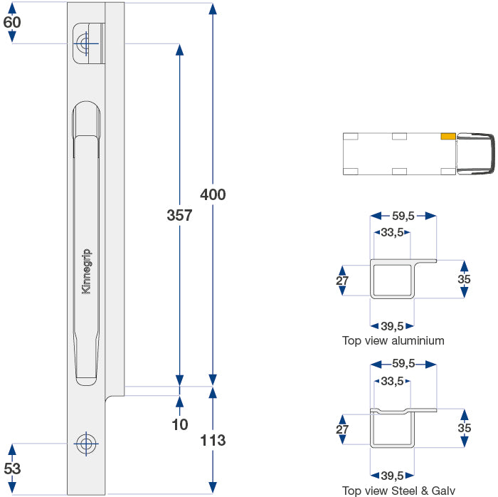 40Cm Kinnegrip V foran, galvanisert borret hull
