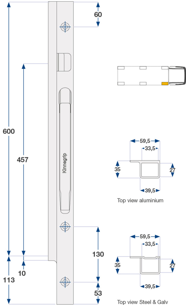 Kinnegrip / 60cm / K20 / Høyre / Foran / Galvanisert / Skru