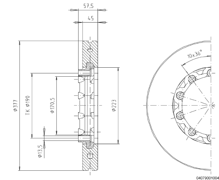 Bremseskive 19,5", 377mm x 45mm, 10-bolt