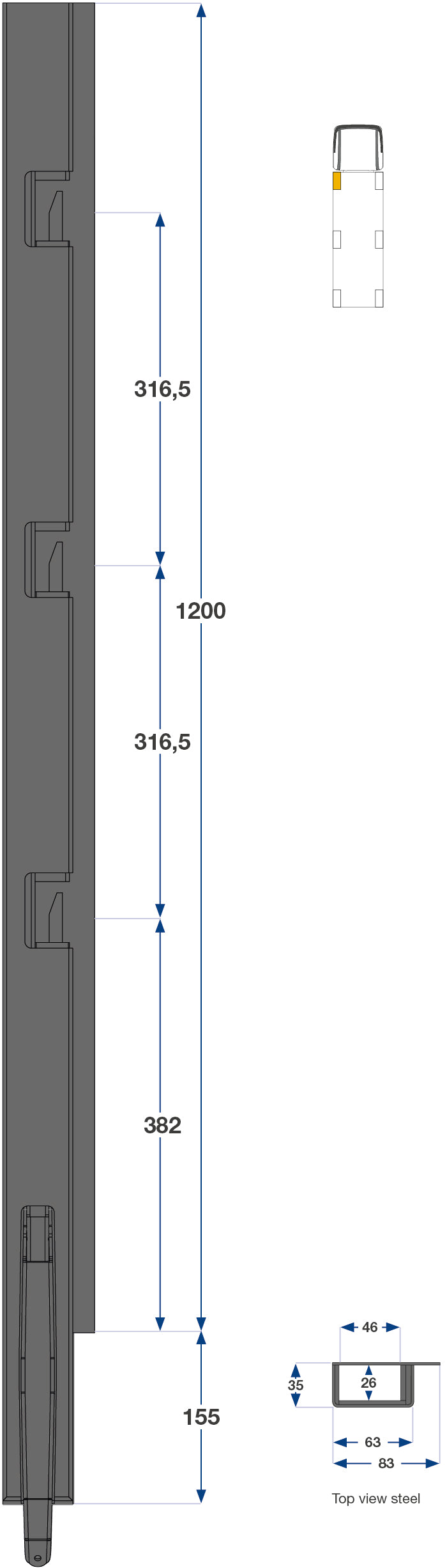 Kinnegrip / 120cm / K5 / Venstre / Foran / Stål