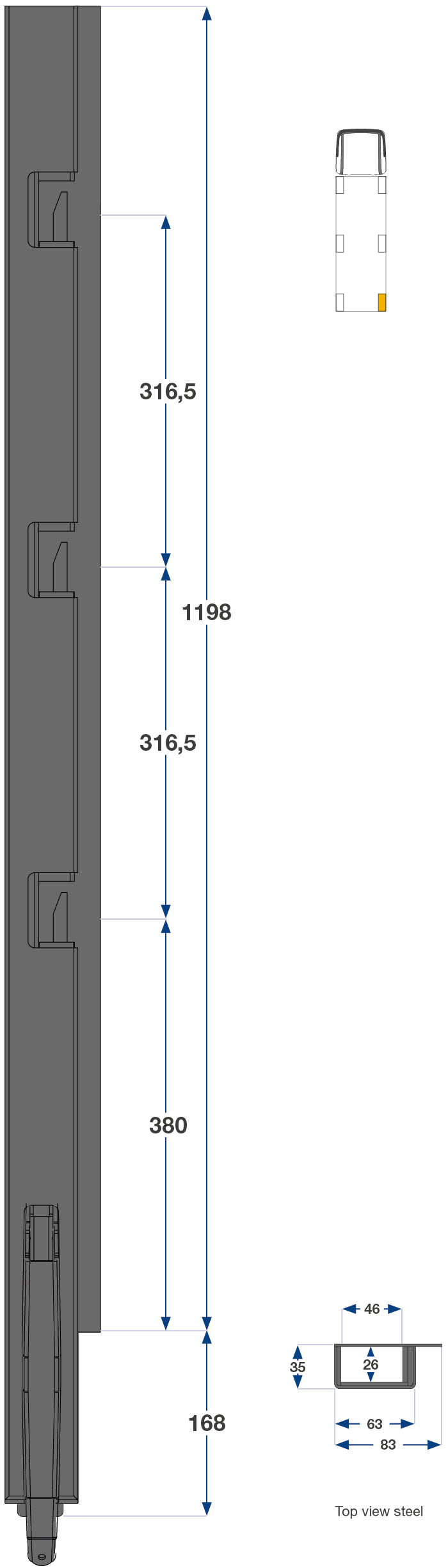Kinnegrip / 120cm / K5 / Høyre / Bak / Stål / Smal