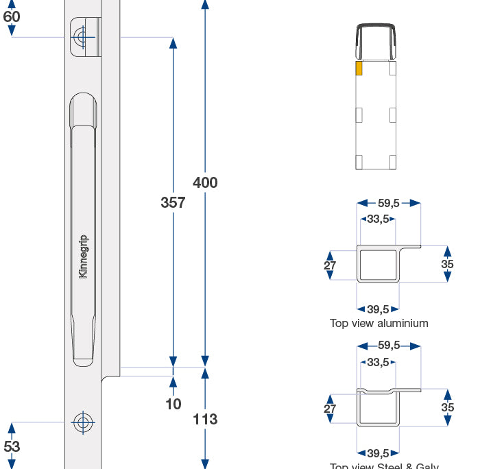 Kinnegrip / 40cm / K20 / Venstre / Foran / Aluminium / Skru