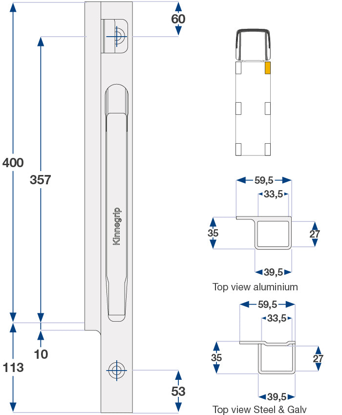Kinnegrip / 40cm / K20 / Høyre / Foran / Aluminium / Skru