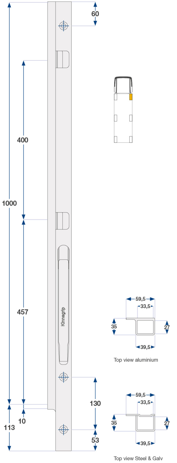 Kinnegrip / 100cm / K20 / Høyre / Foran / Aluminium / Skru