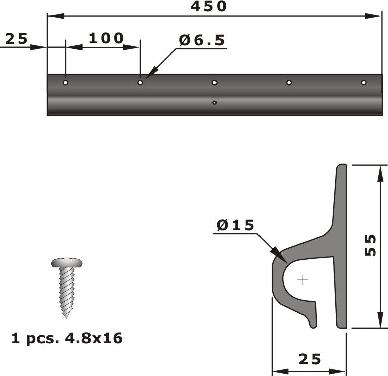 PVC-skinne for skvettlapp 450mm+skruer