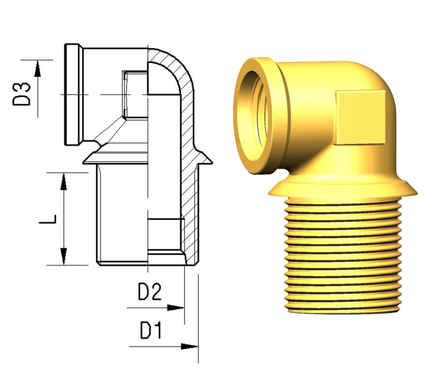Skotgj.føring 90° D1=M22x1,5 D2=M16x1,5 D3=M22x1,5