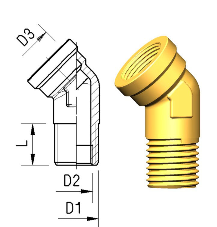 Skotgj.føring 45° D1=M22x1,5 D2=M16x1,5 D3=M22x1,5